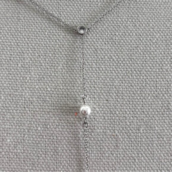 Silver Y-Shaped Necklace With Pearls & Crystal Accents 18 Inches Adjustable Chai - Picture 3 of 6